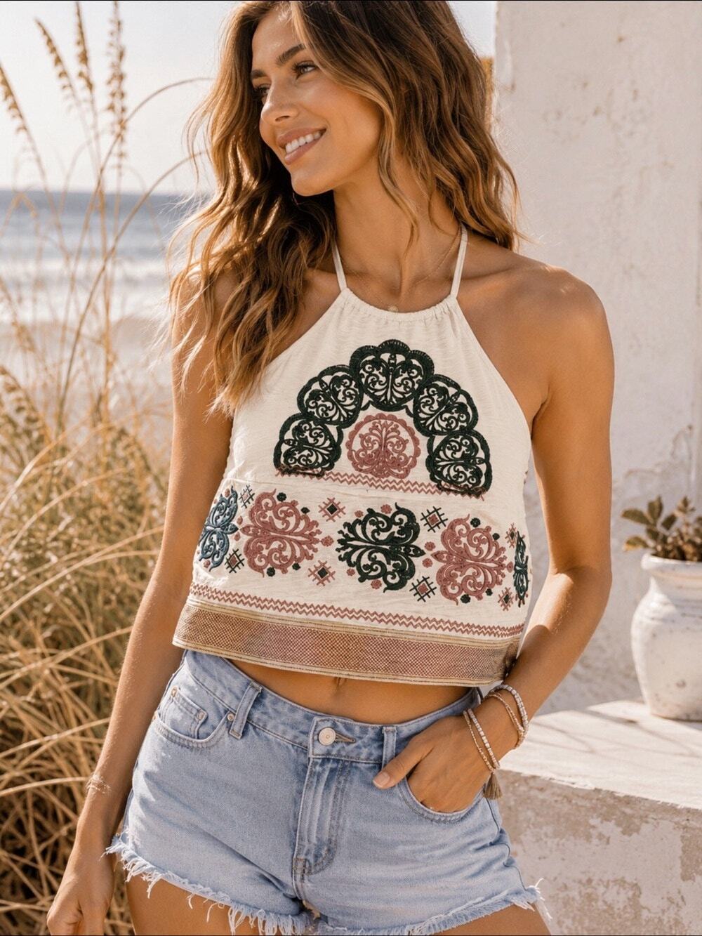 Alter'd State Embroidered Halter Top Size Small Teal Boho Festival Cottagecore